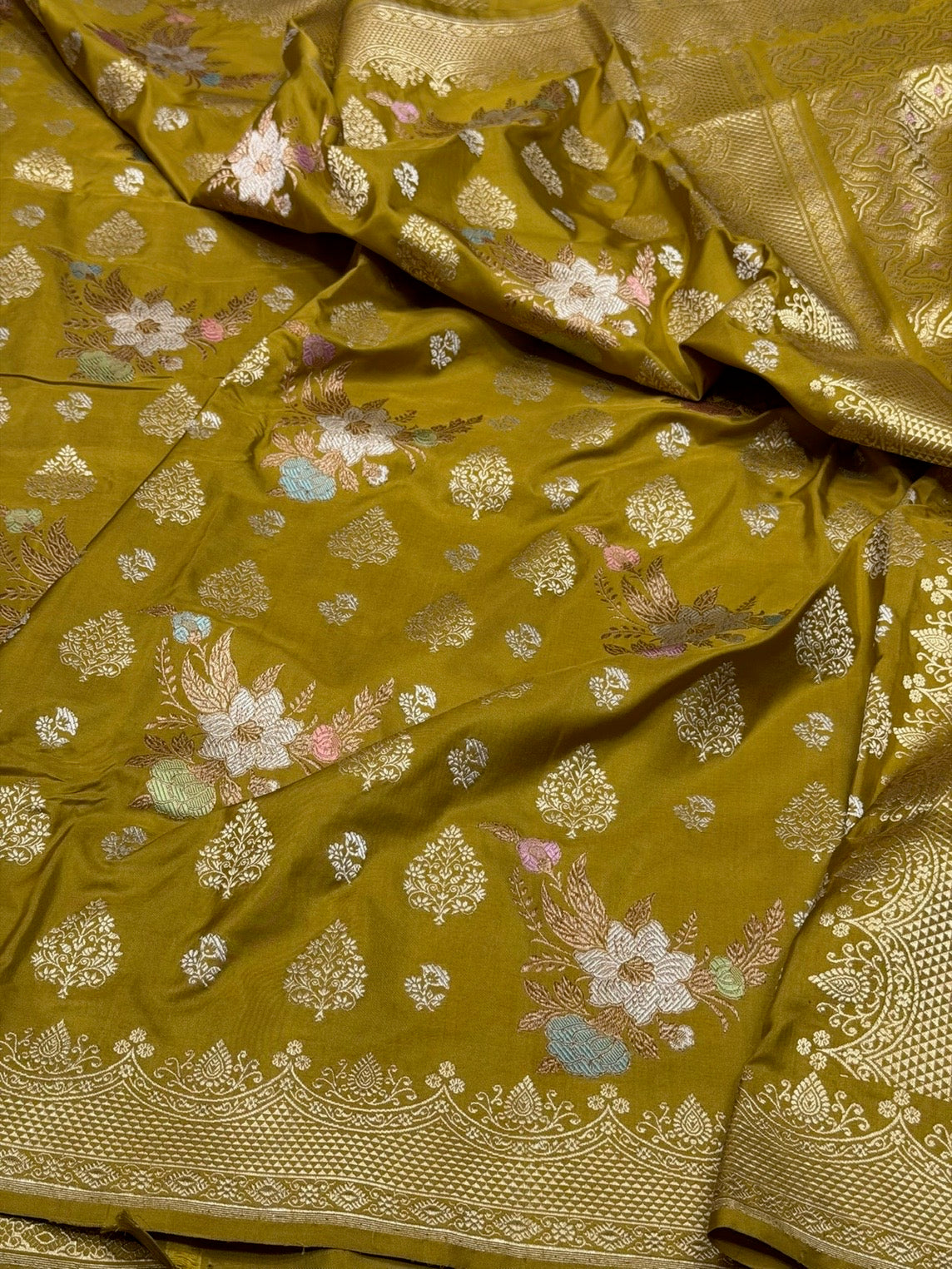 Mustard Olive Handwoven Pure Banarasi Silk Saree