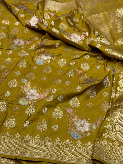 Mustard Olive Handwoven Pure Banarasi Silk Saree