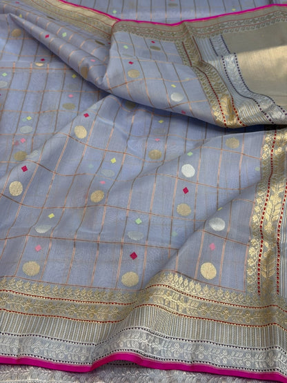 Sea Blue Handwoven Pure Organza Silk Saree