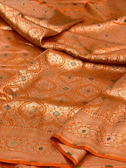 Orange Banarasi Minakari Pure Katan Silk Brocade Saree