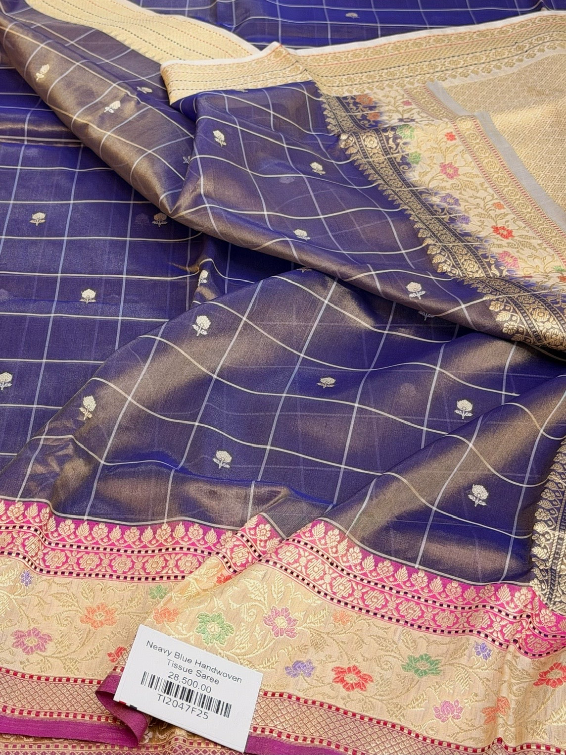 Navy Blue Handwoven Pure Banarasi Tissue Silk Saree