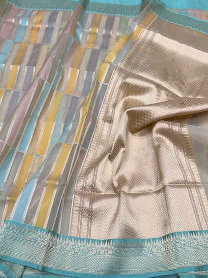 Sky Blue Handwoven Pure Organza Rangkaat Silk Saree – Kadwa Weave, Pure Kora-Mulberry Silk