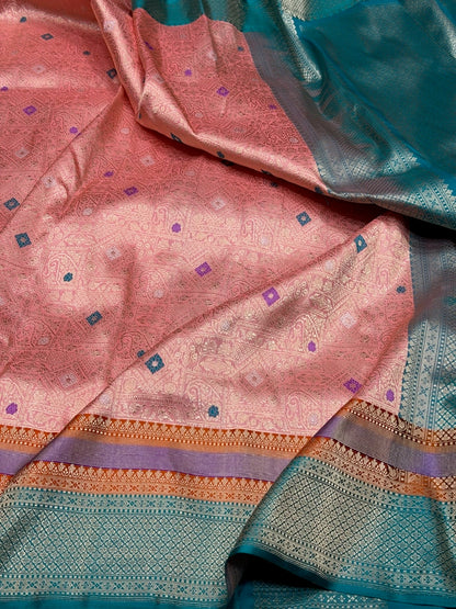 Peach Banarasi Silk Brocade Saree with Satin Border – Katan Silk Elegance