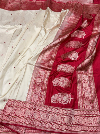 Ivory &amp; Red Handwoven Pure Banarasi Ektara Silk Saree – Luxury Kadwa Weave