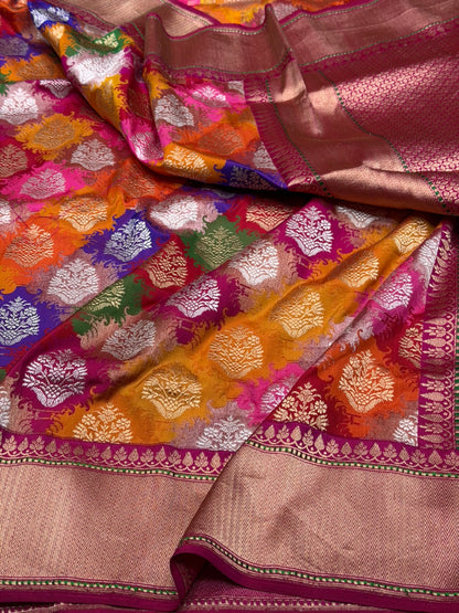 Rani Pink Handwoven Pure Banarasi Rangkaat Silk Saree – Meenakari Design, Pure Katan-Mulberry Silk