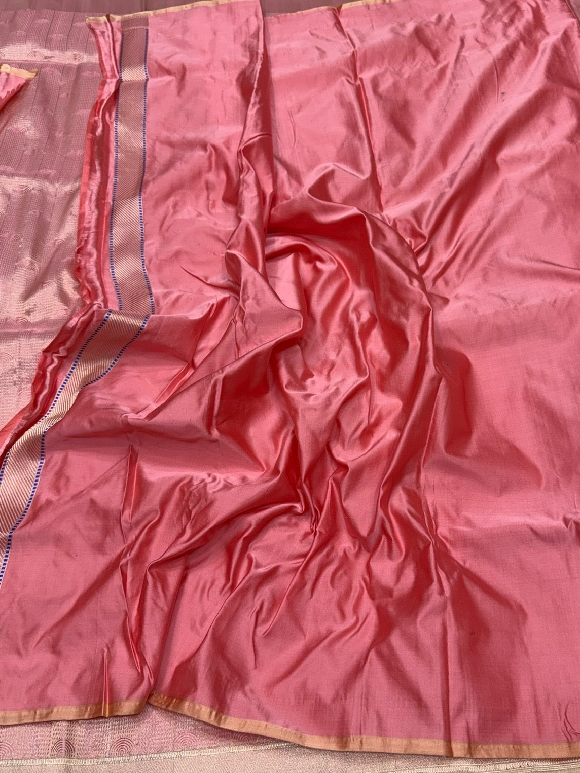 Peach Handwoven Pure Banarasi Satin Tanchoi Silk Saree – Traditional Tanchoi Weave