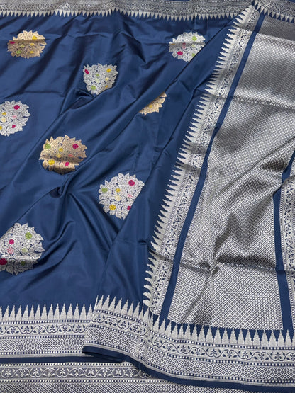 Navy Blue Pure Banarasi Katan Pure Ektara Silk Saree – Handwoven Kadwa Booti