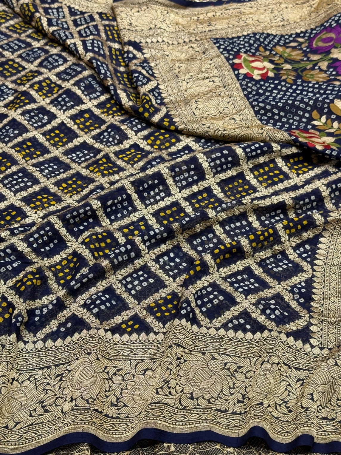 Navy Blue Banarasi Pure Bandhej Georgette Saree – Luxury Cutwork Brocade Wedding &amp; Festive Saree