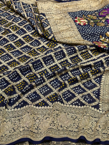Navy Blue Banarasi Pure Bandhej Georgette Saree – Luxury Cutwork Brocade Wedding &amp; Festive Saree