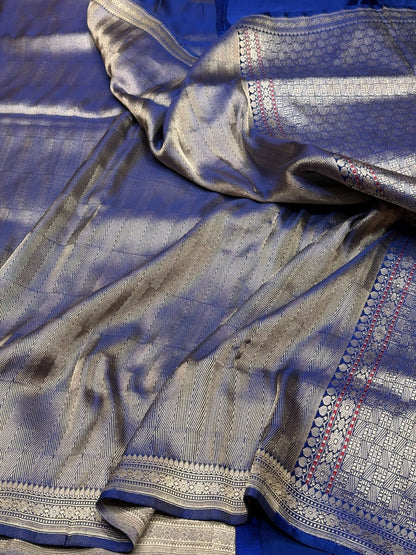 Royal Blue Handwoven Pure Banarasi Satin Silk Brocade Saree – Luxury Brocade Work