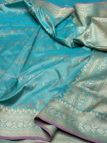 Sky Blue Handwoven Pure Banarasi Katan Silk Saree – Authentic Kadwa Weave