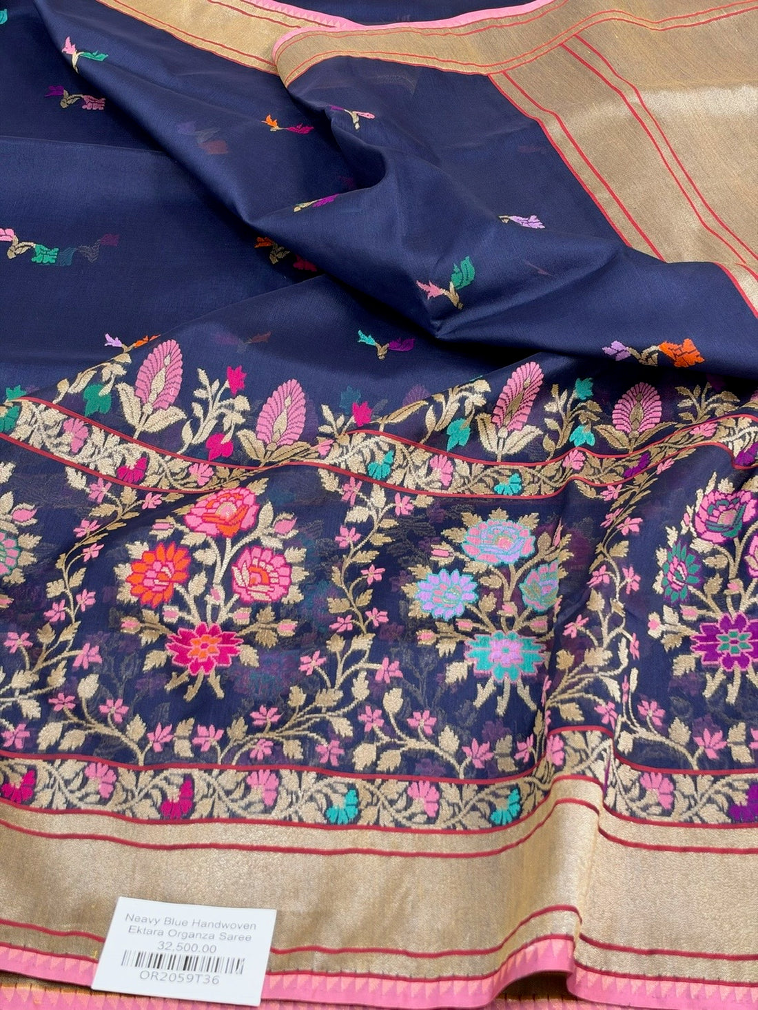 Navy Blue Handwoven Pure Banarasi Kora Jamdani Silk Saree