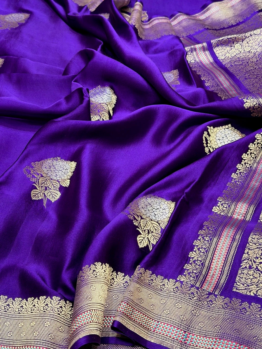 Purple Handwoven Pure Mashru Banarasi Satin Silk Saree – Kadwa Weave Heritage Handloom