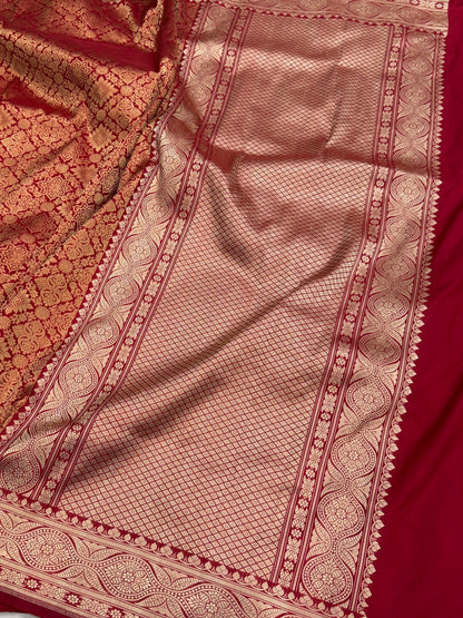 Red Pure Banarasi Silk Brocade Saree in Katan Mulberry Silk – Classic Banaras Weave