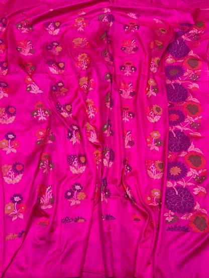 Rani Pink Handwoven Pure Banarasi Ektara Jamdani Saree