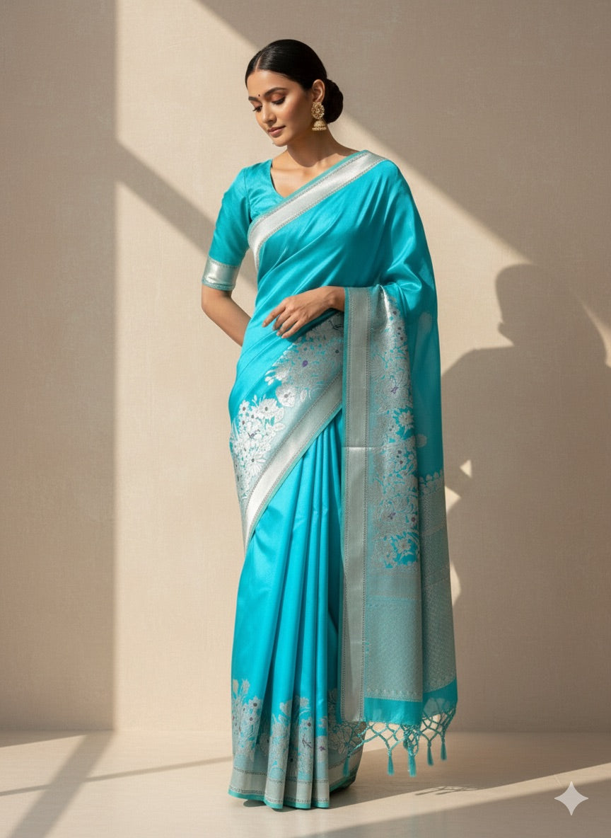 Sky Blue Handwoven Pure Banarasi Satin Silk Saree – Kadwa Weave, Pure Satin Silk