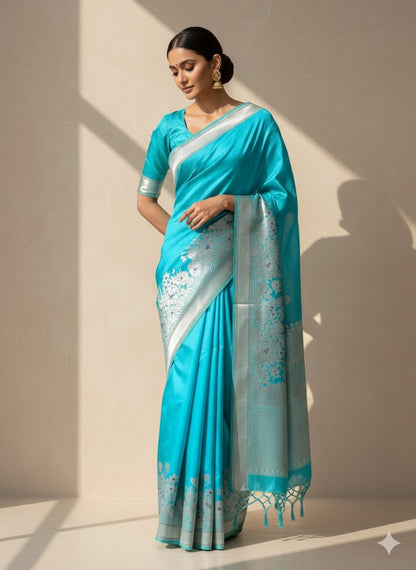 Sky Blue Handwoven Pure Banarasi Satin Silk Saree – Kadwa Weave, Pure Satin Silk