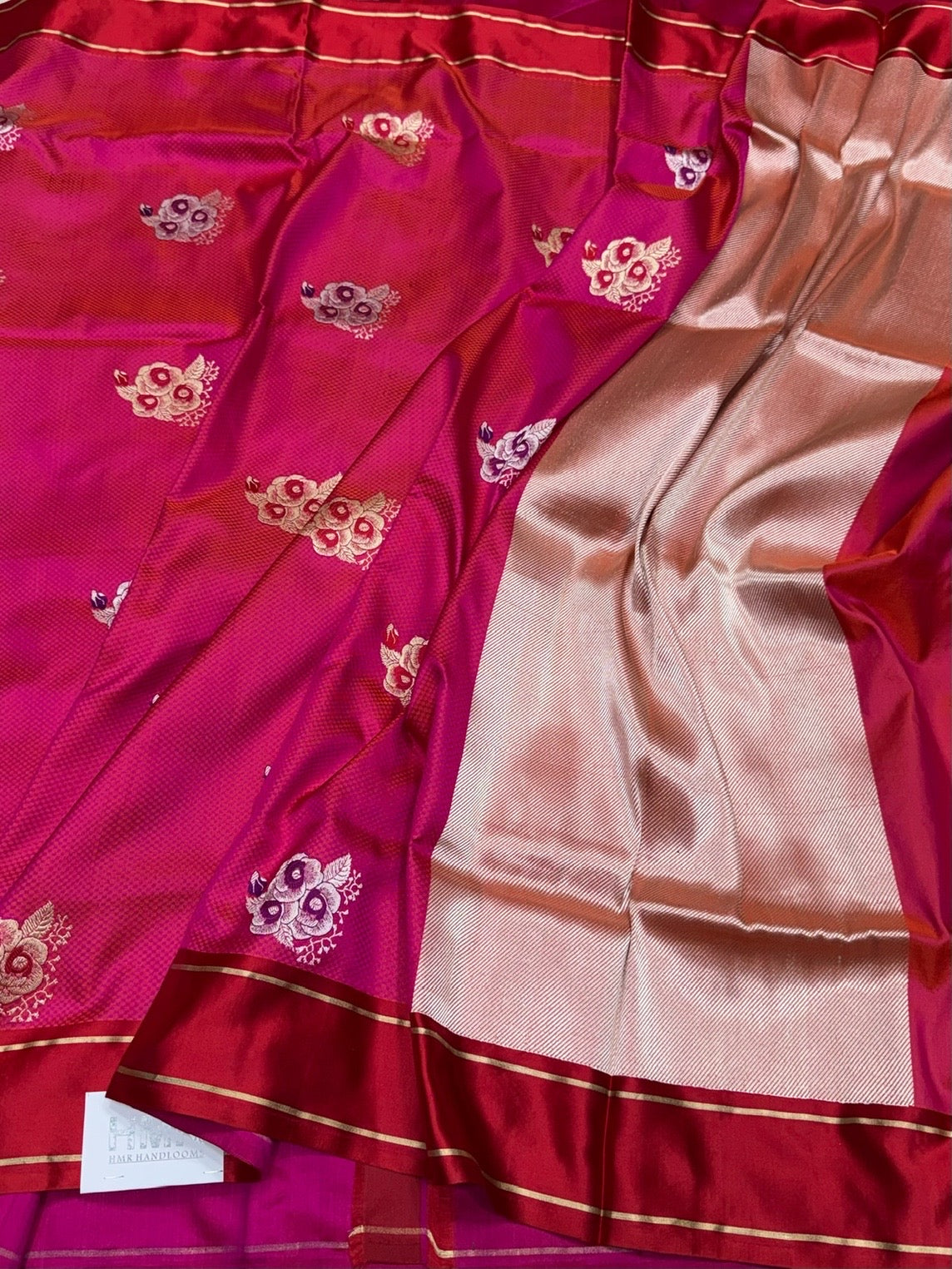 Orangish Pink Handwoven Pure Banarasi Satin Tanchoi Silk Saree