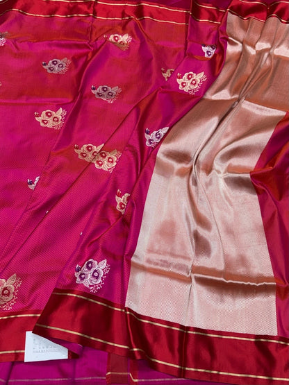 Orangish Pink Handwoven Pure Banarasi Satin Tanchoi Silk Saree