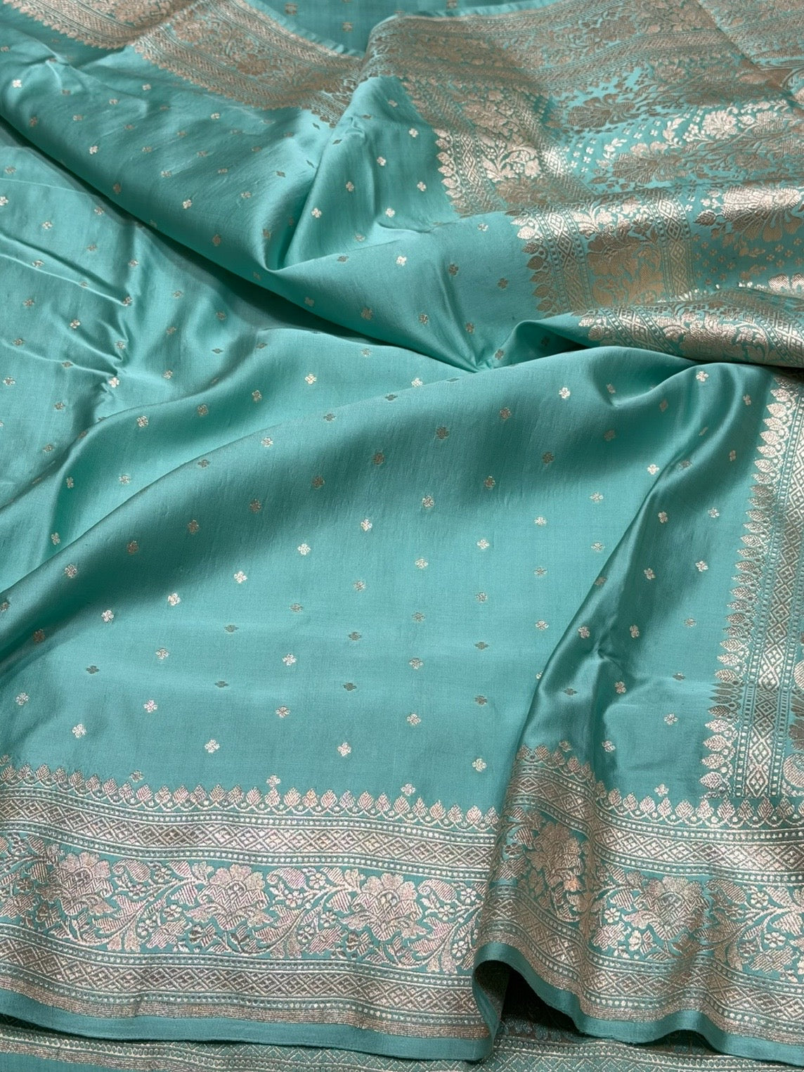 Sea Blue Handwoven Vintage Pure Banarasi Satin Silk Saree