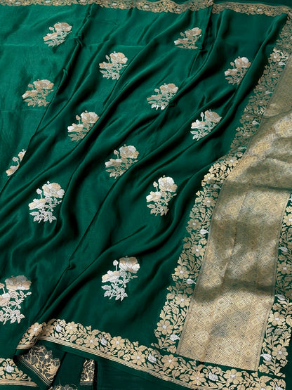 Bottle Green Handwoven Pure Mashru Banarasi Satin Silk Saree