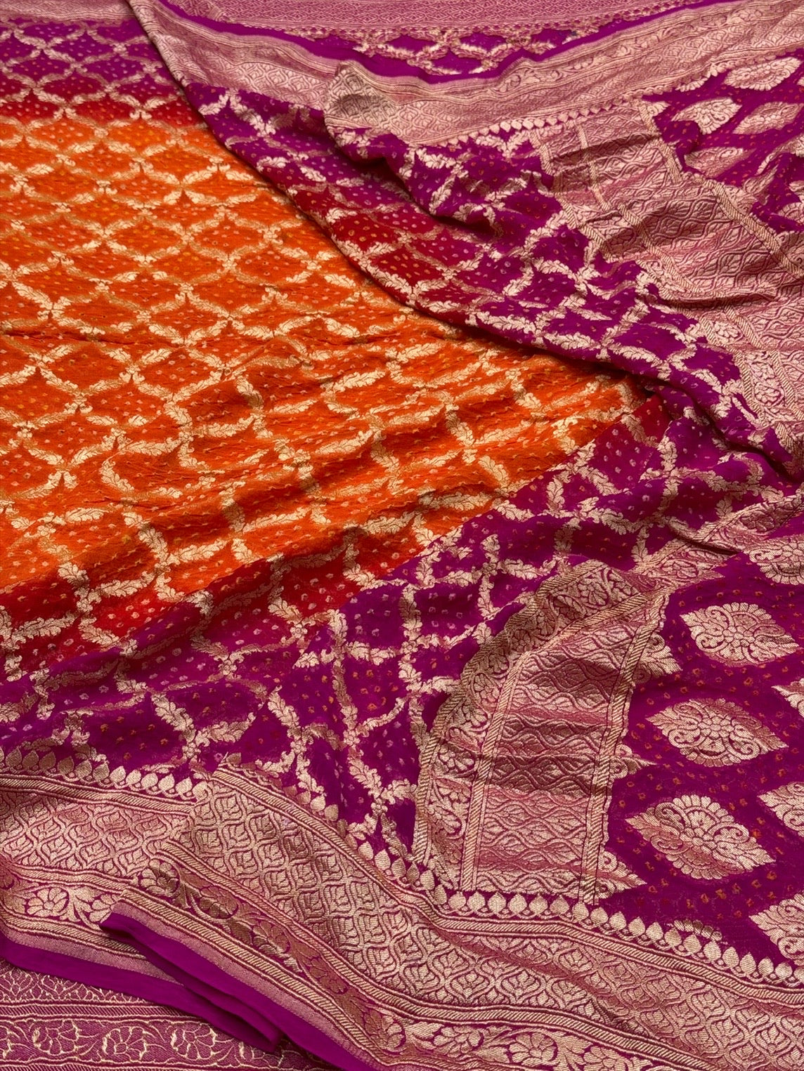 Rani Pink Banarasi Pure Bandhej Georgette Saree – Luxury Cutwork Brocade Festive Saree