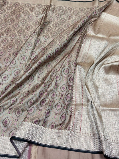 Dusty Rose Metallic Handwoven Banarasi Satin Tanchoi Silk Saree – Pure Satin Silk | Kadwa Weave | Metallic Tanchoi Banarasi Elegance