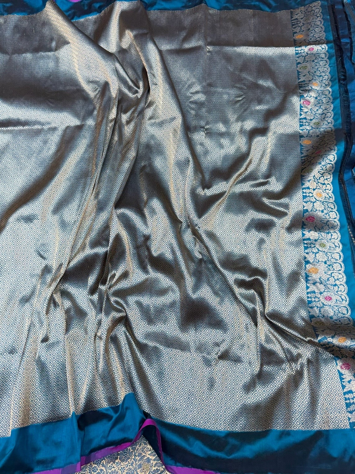 Teal Blue Handwoven Pure Banarasi Silk Saree