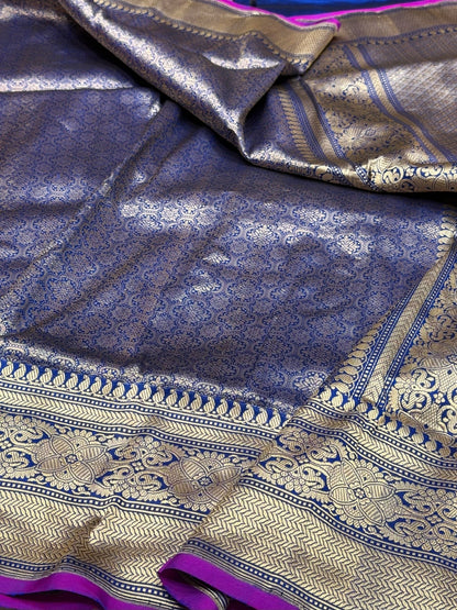 Royal Blue Pure Banarasi Silk Brocade Saree in Katan Mulberry Silk