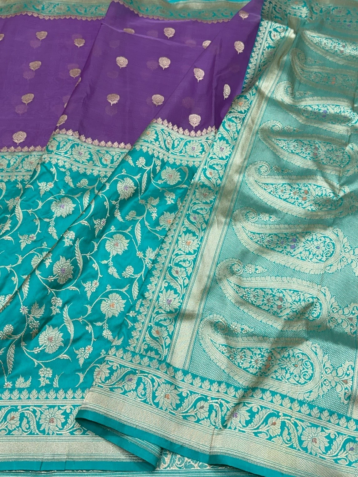 Sky Blue &amp; Purple Handwoven Pure Banarasi Silk Saree – Kadwa Weave in 100% Katan Mulberry Silk