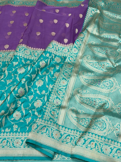 Sky Blue &amp; Purple Handwoven Pure Banarasi Silk Saree – Kadwa Weave in 100% Katan Mulberry Silk