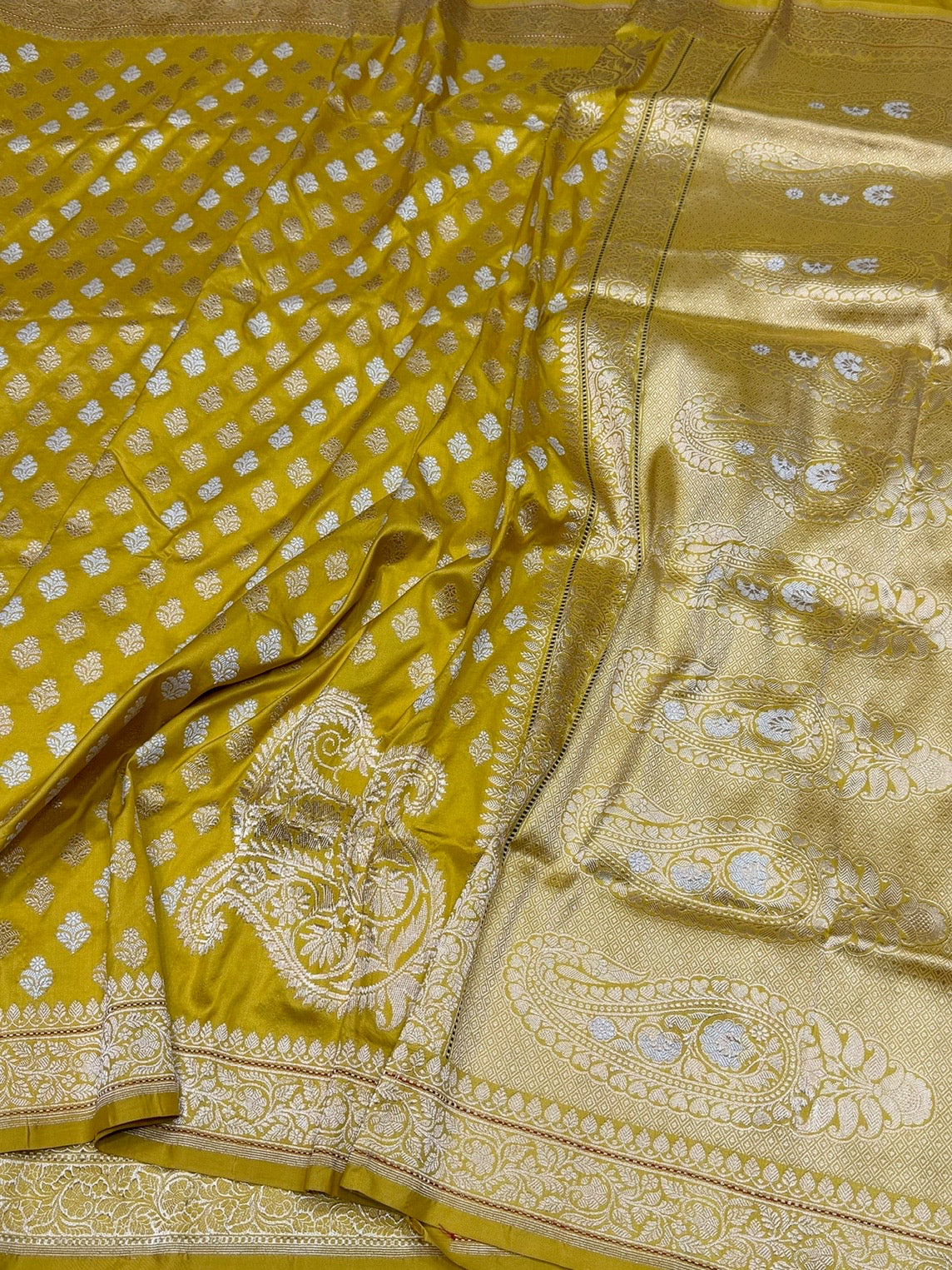 Mustard Yellow Handwoven Pure Banarasi Silk Saree in Kadwa Weave | Authentic Katan Mulberry Silk