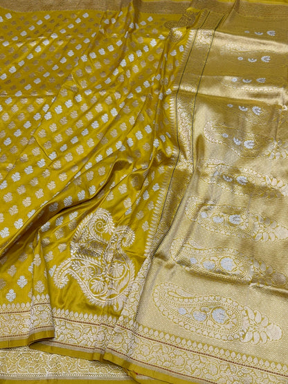 Mustard Yellow Handwoven Pure Banarasi Silk Saree in Kadwa Weave | Authentic Katan Mulberry Silk