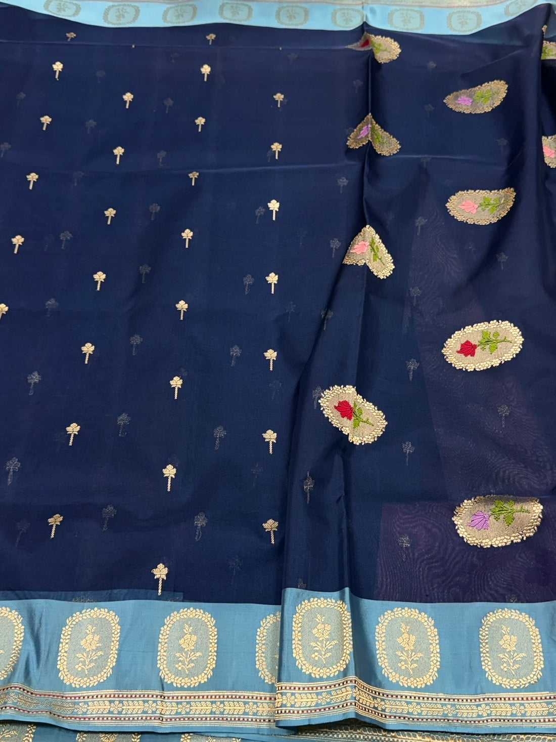 Navy Blue Handwoven Pure Banarasi Organza Silk Saree – Kadwa Weave in Kora Mulberry Silk