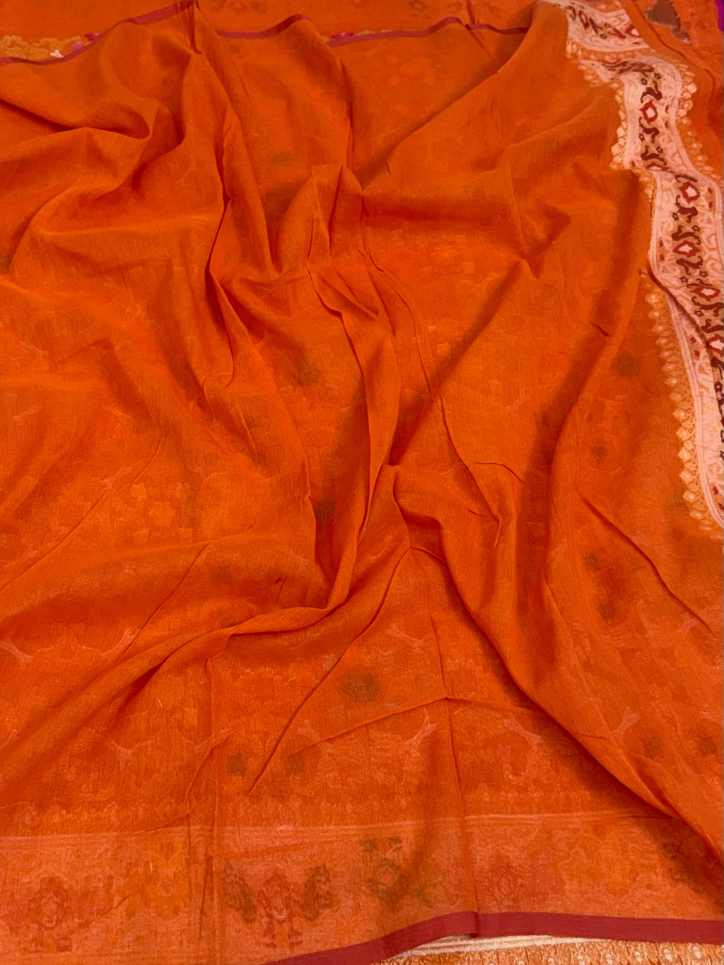 Orange Pure Muslin Cotton Jamdani Saree