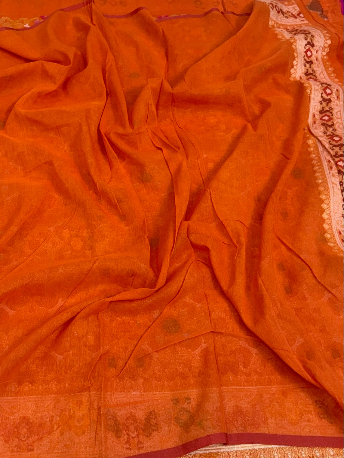 Orange Pure Muslin Cotton Jamdani Saree