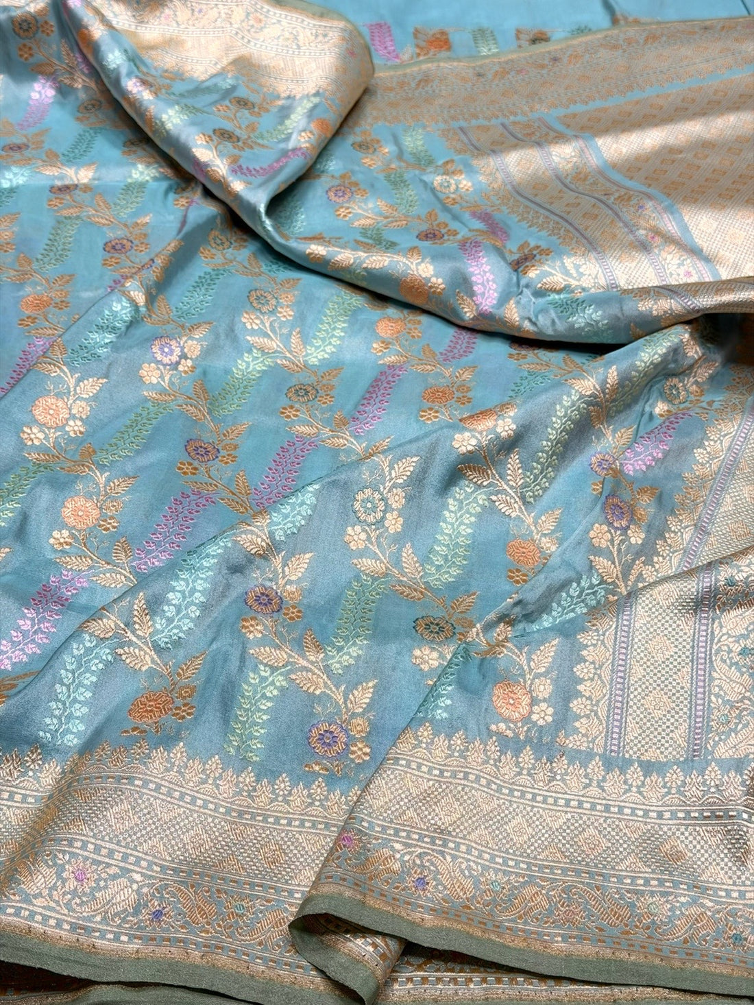 Sky Blue Handwoven Pure Banarasi Tissue Silk Saree – Kadwa Weave in 100% Tissue Silk