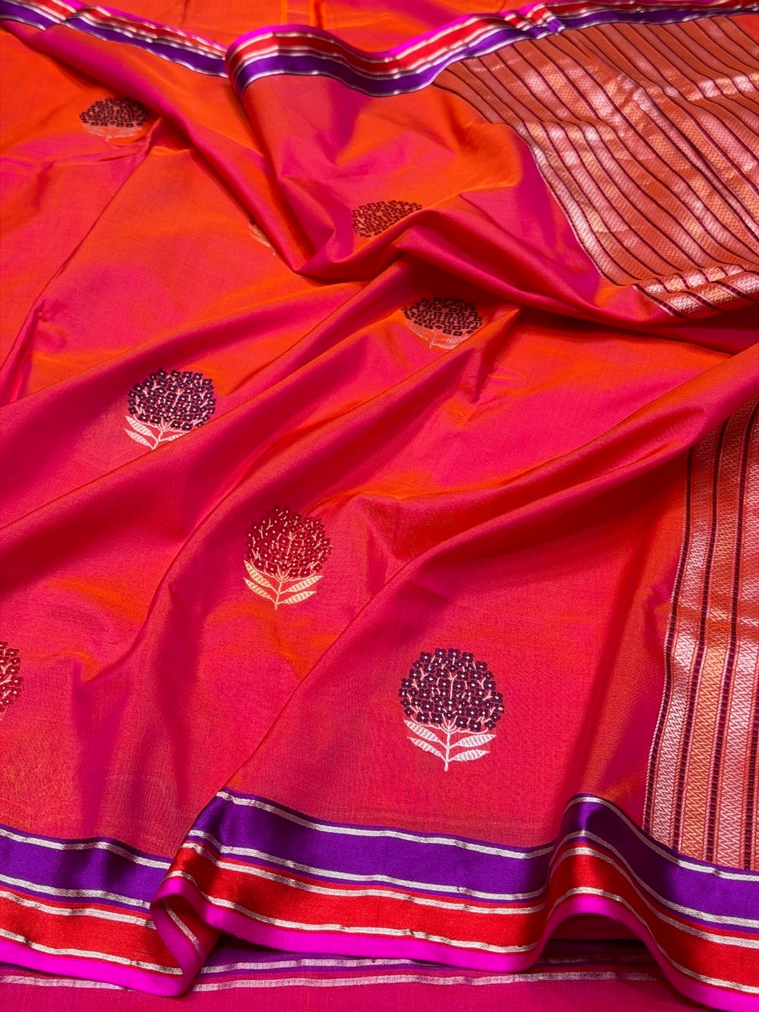 Orangish Pink Handwoven Pure Banarasi Ektara Silk Saree with Satin Border – Kadwa Weave | Authentic Banaras Handloom