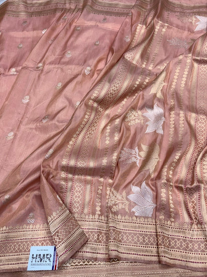 Peach Handwoven Pure Banarasi Ektara Tissue Saree – Kadwa Tissu Weave, Pure Katan-Tissue Silk