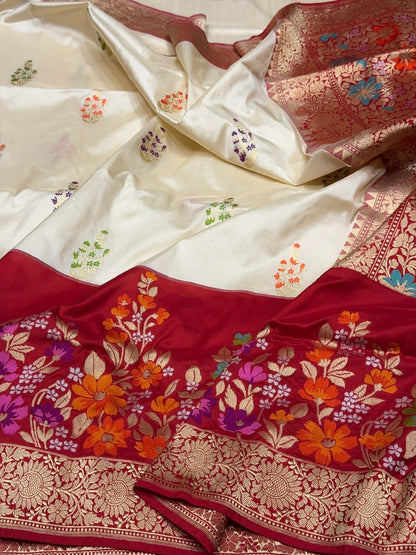 Cream/Red Handwoven Pure Banarasi Silk Saree