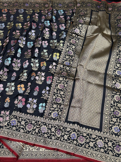 Black Handwoven Pure Banarasi Silk Saree – Kadwa Weave | Authentic Katan Mulberry Silk