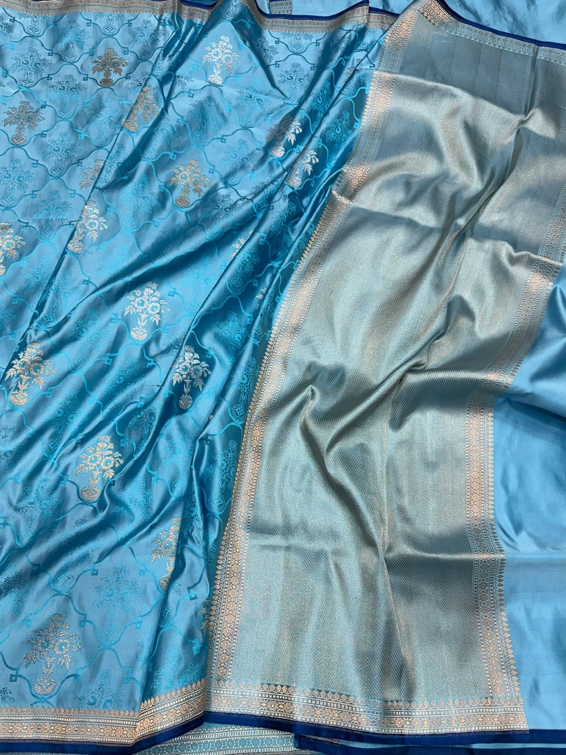 Sky Blue Handwoven Pure Banarasi Satin Tanchoi Silk Saree – Kadwa Weave | Authentic Banaras Handloom