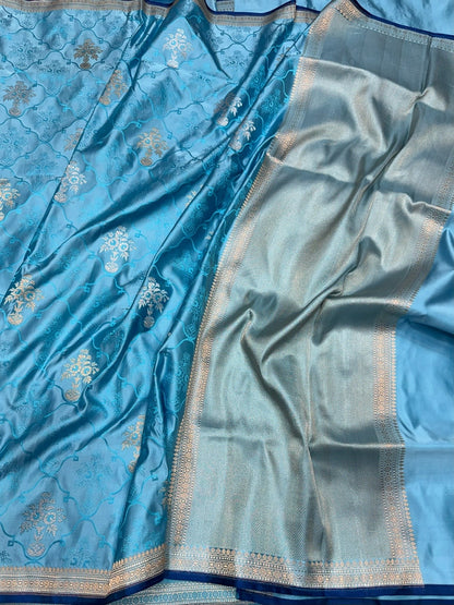 Sky Blue Handwoven Pure Banarasi Satin Tanchoi Silk Saree – Kadwa Weave | Authentic Banaras Handloom