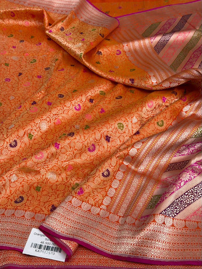 Orange Handwoven Kimkhab Pure Banarasi Silk Brocade Saree