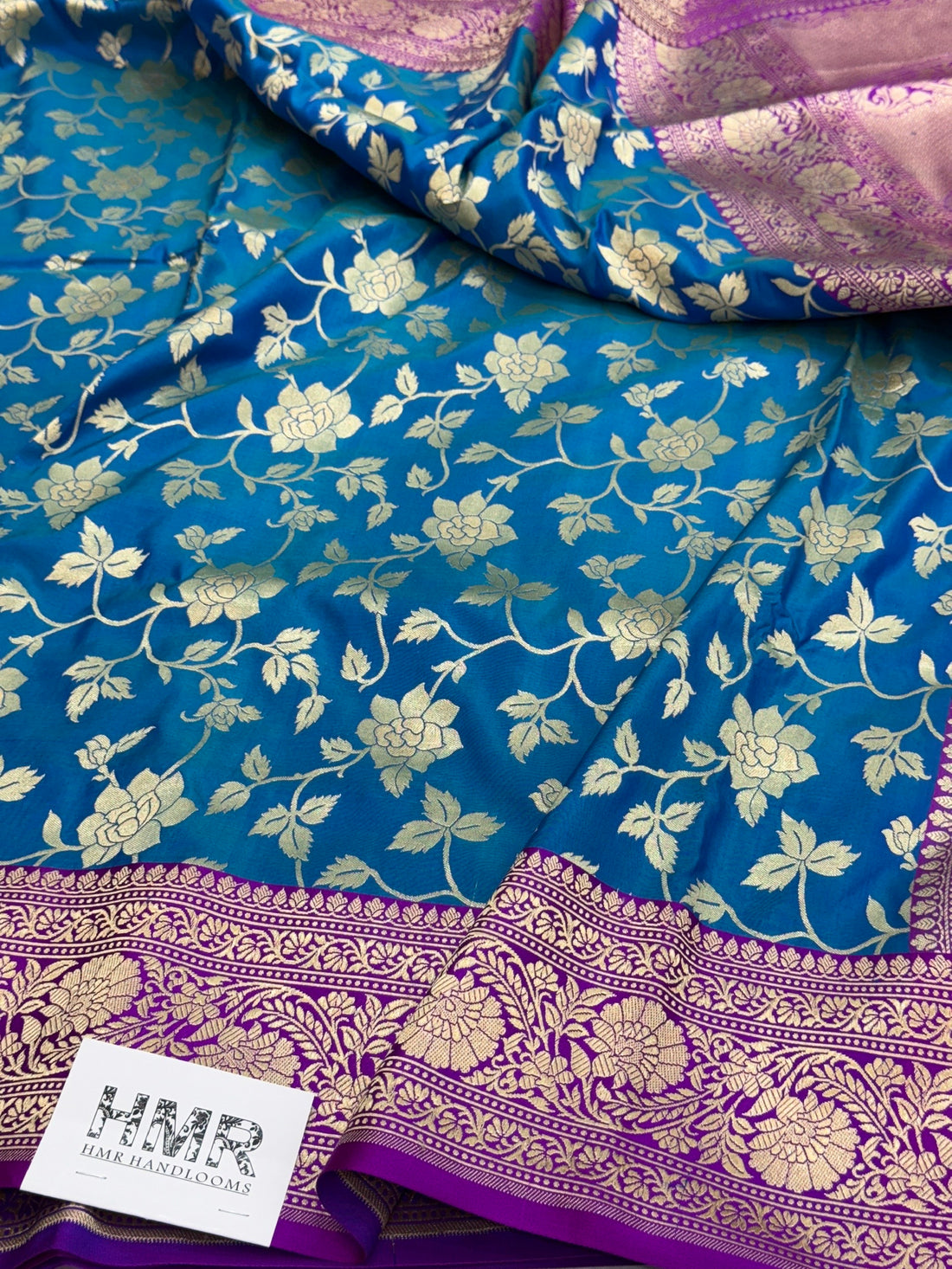 Peacock Blue Pure Banarasi Satin Border Silk Saree