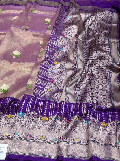 Purple Handwoven Pure Banarasi Tissue Saree