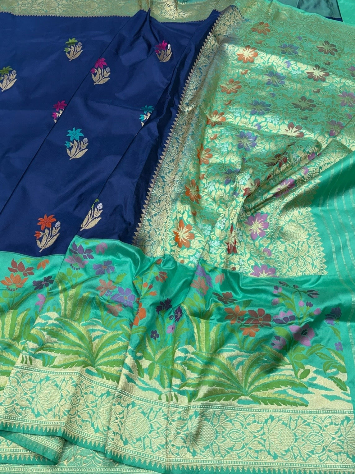 Navy Blue &amp; Sea Green Handwoven Pure Banarasi Silk Saree – Kadwa Weave in 100% Katan Mulberry Silk