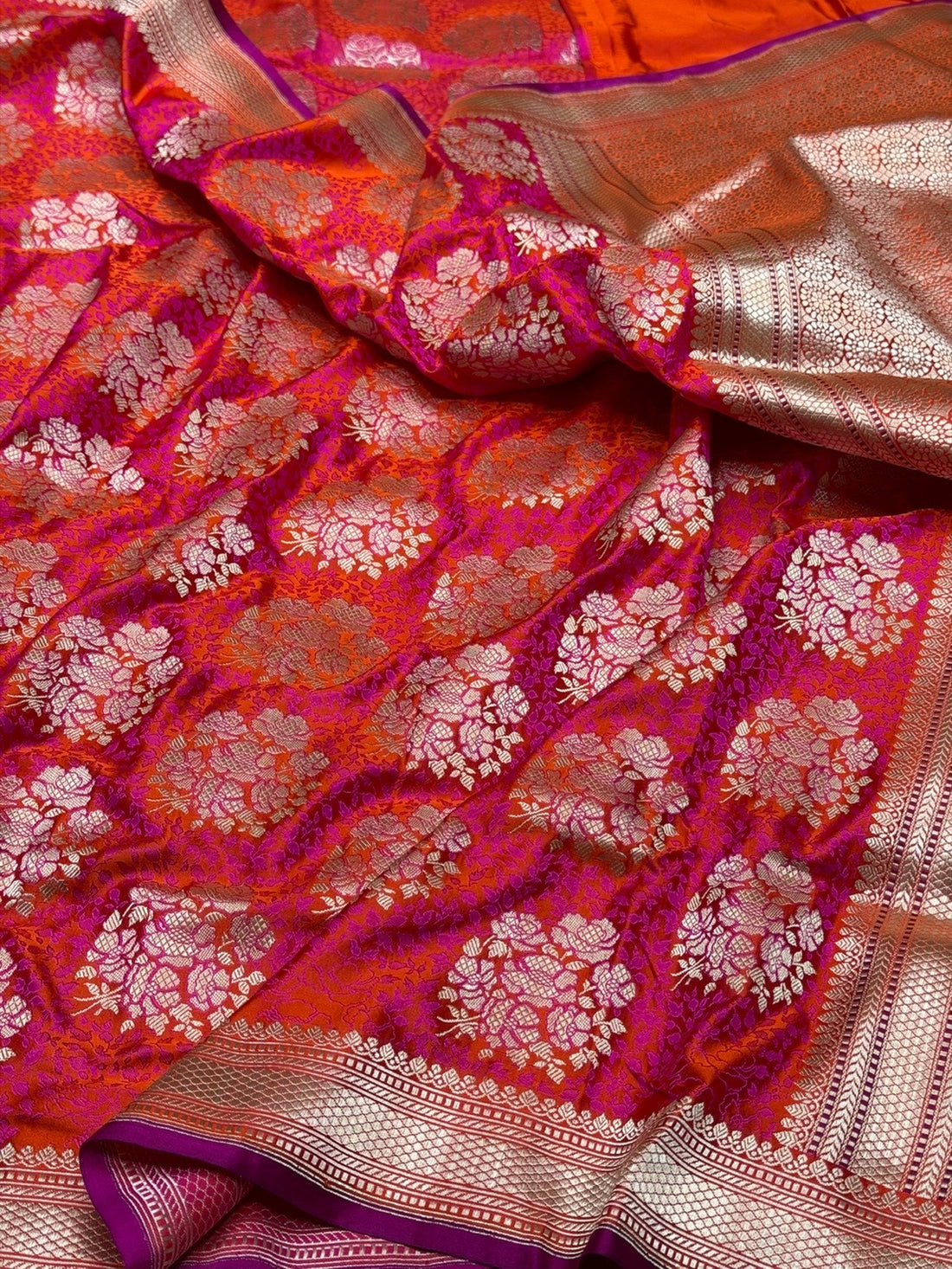 Orangish Pink Handwoven Pure Banarasi Satin Tanchoi Silk Saree – Kadwa Weave | Authentic Banaras Handloom