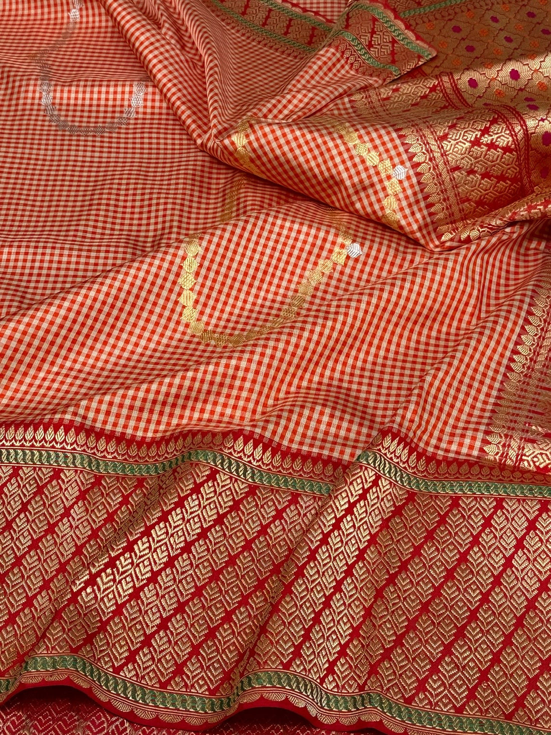 Orange Checks Handwoven Pure Banarasi Ektara Silk Saree