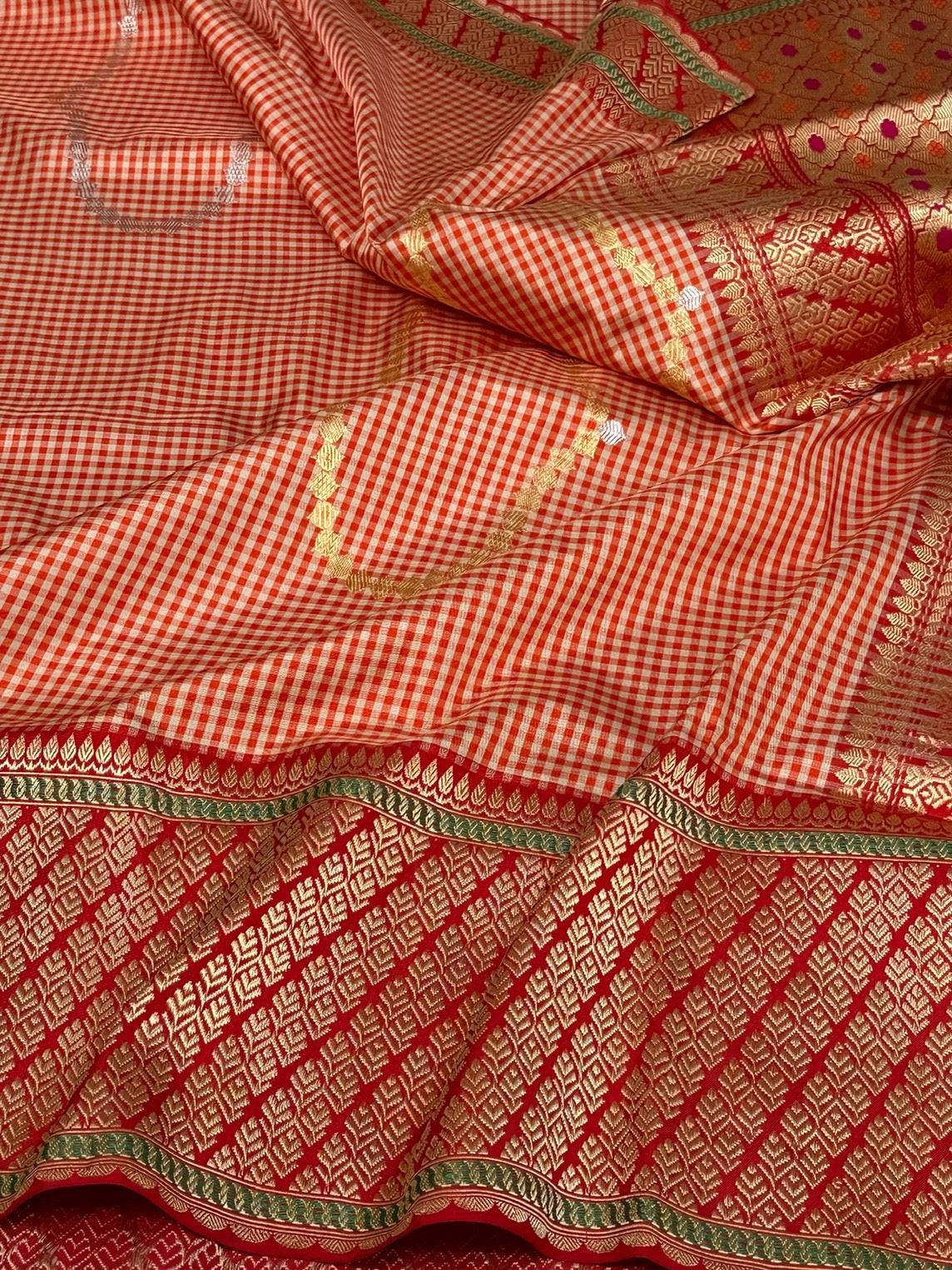 Orange Checks Handwoven Pure Banarasi Silk Saree